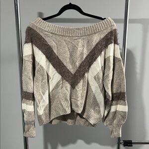Express Off-the-Shoulder Sweater in Brown and Cream